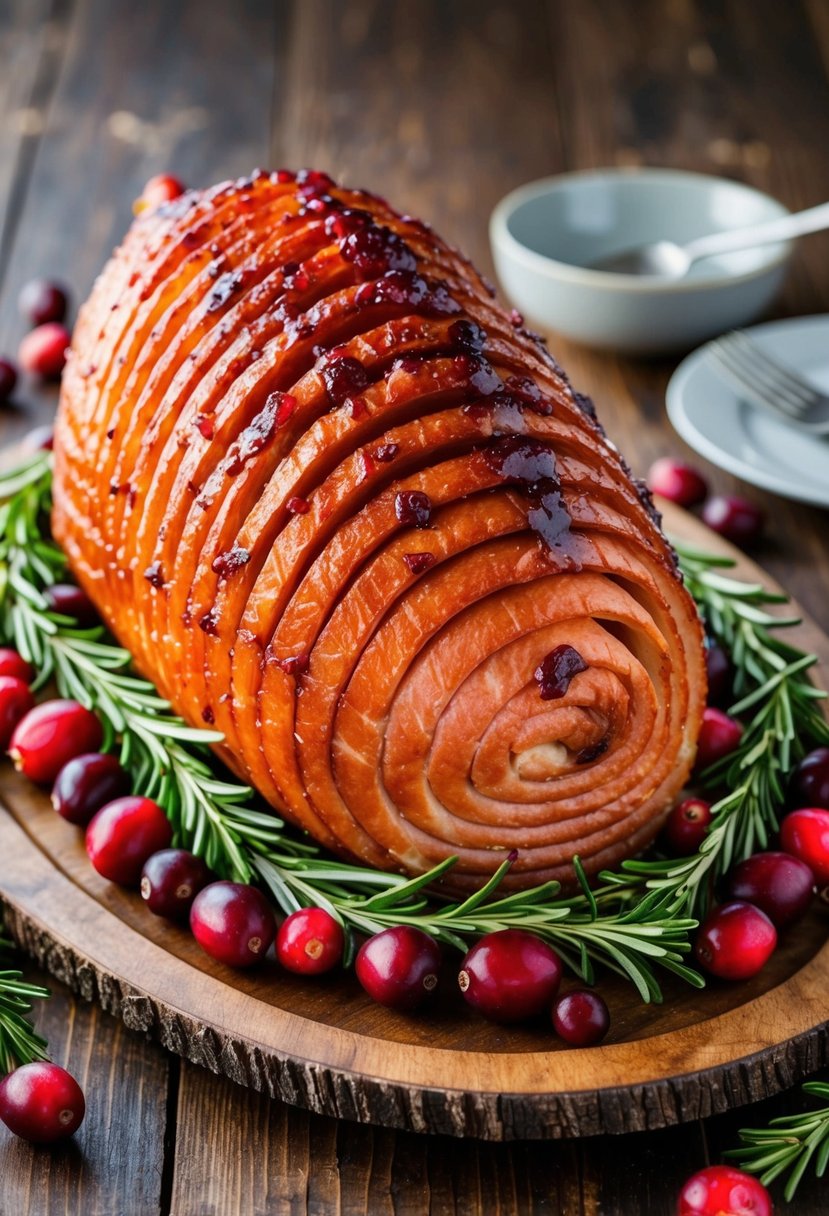 A spiral ham glistens with cranberry glaze, surrounded by fresh cranberries and sprigs of rosemary on a rustic wooden serving platter