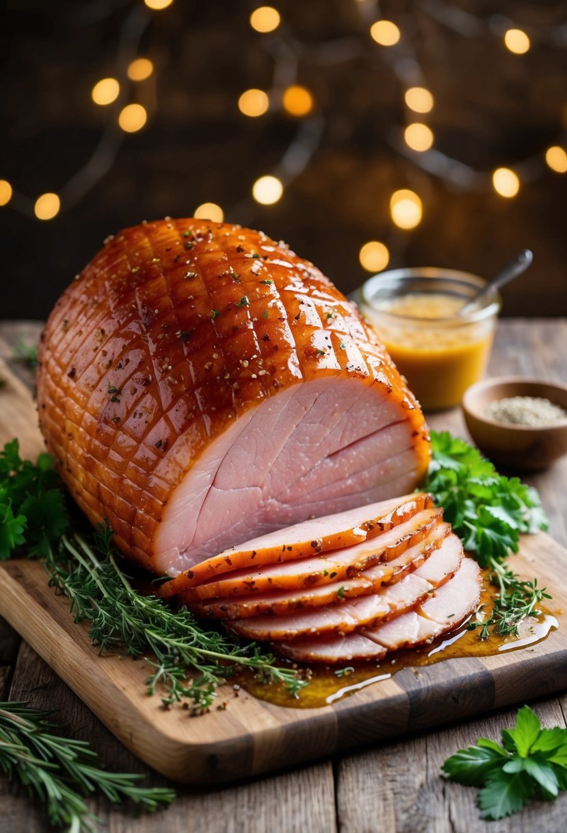 A succulent ham glazed with honey-dijon sauce, surrounded by fresh herbs and spices on a rustic wooden cutting board