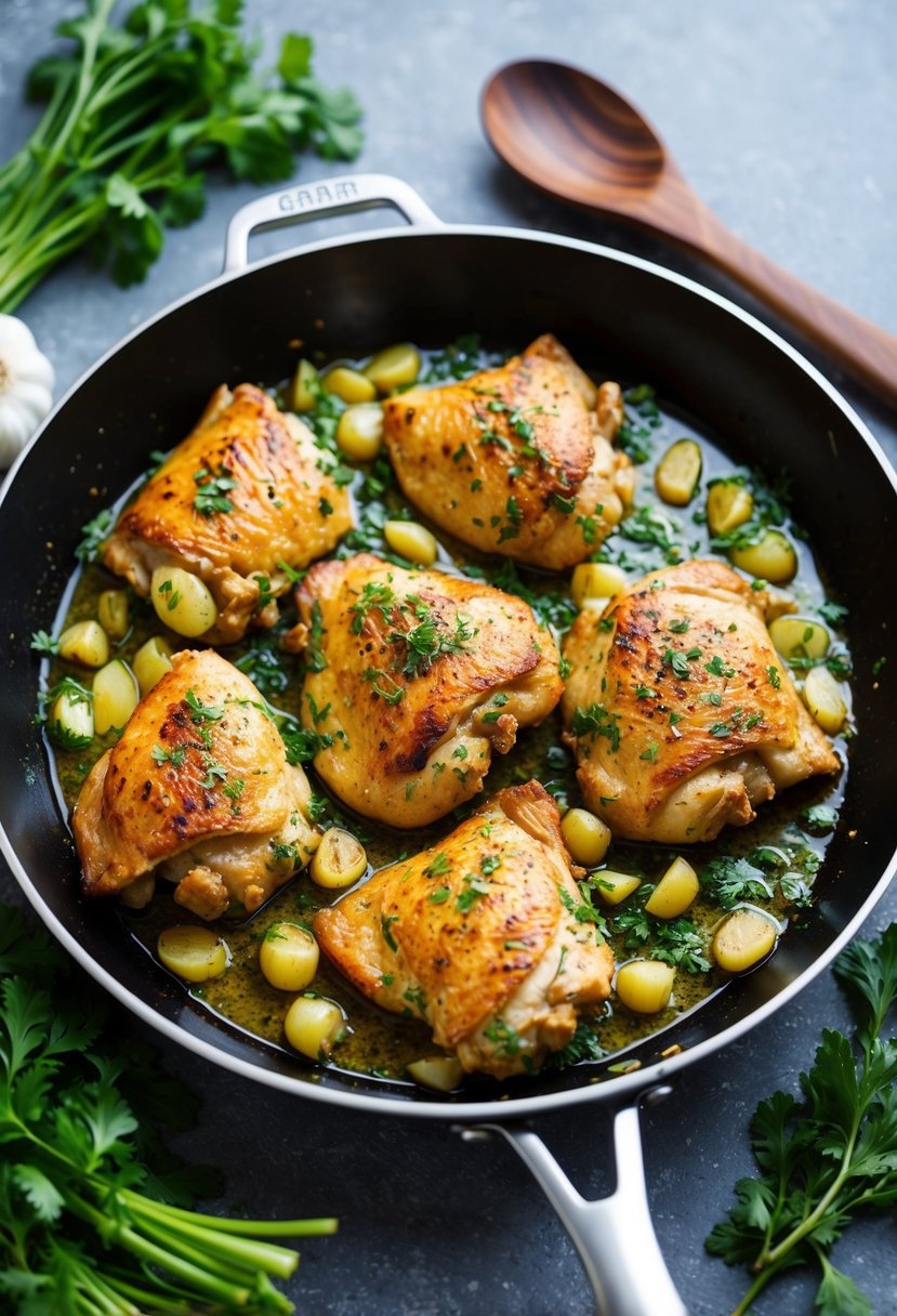 A sizzling skillet filled with golden-brown garlic chicken, surrounded by freshly chopped herbs and vibrant vegetables