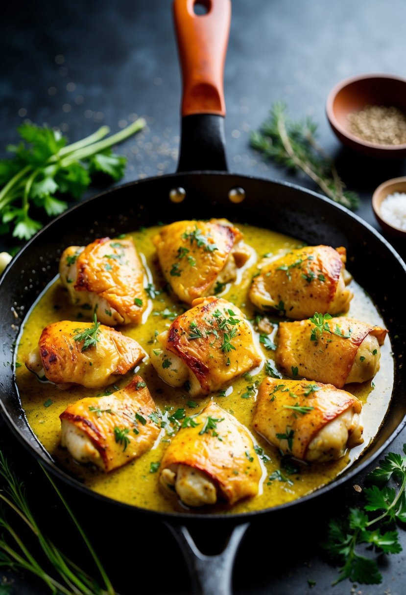 A sizzling skillet of garlic butter chicken, surrounded by fresh herbs and spices, emits a mouthwatering aroma