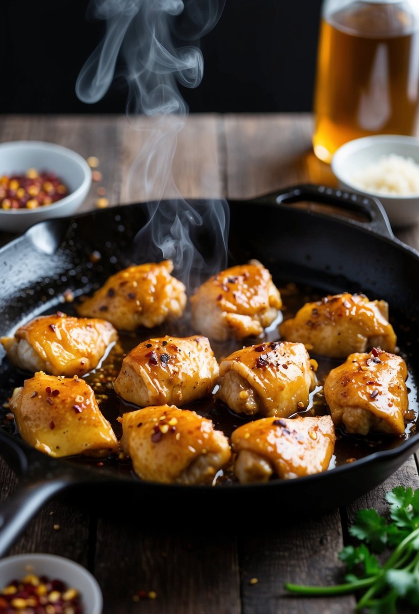 A sizzling skillet of honey garlic chicken, with steam rising and a sprinkle of red pepper flakes