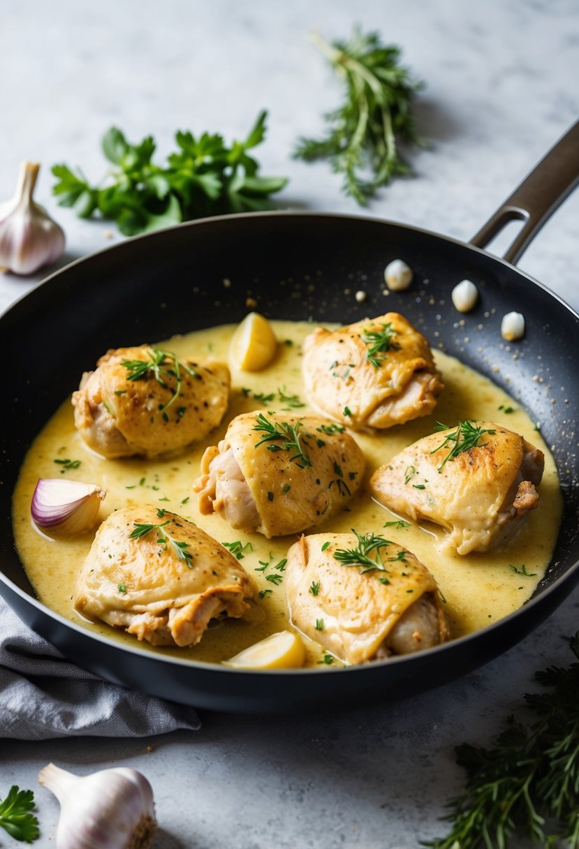 A sizzling pan with creamy garlic-infused chicken, surrounded by fresh herbs and garlic cloves