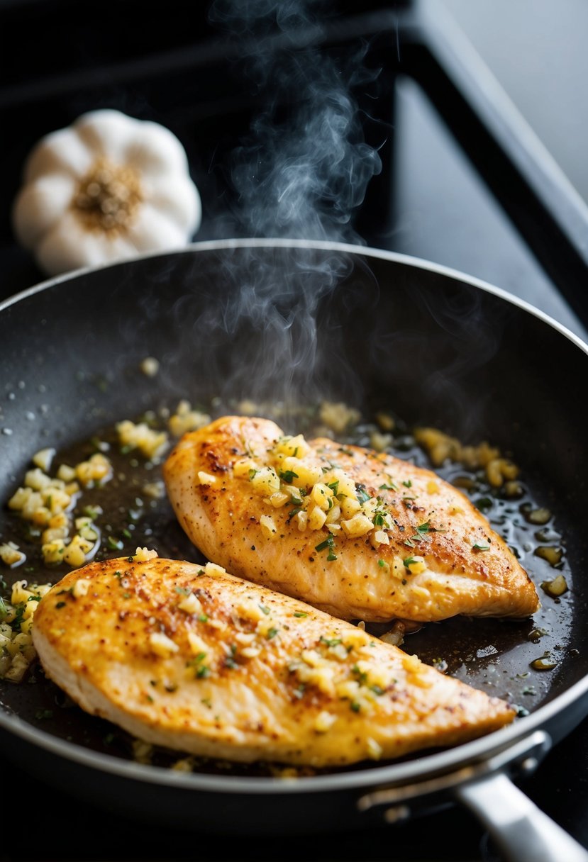 A sizzling chicken breast searing in a hot pan with minced garlic, emitting a mouthwatering aroma