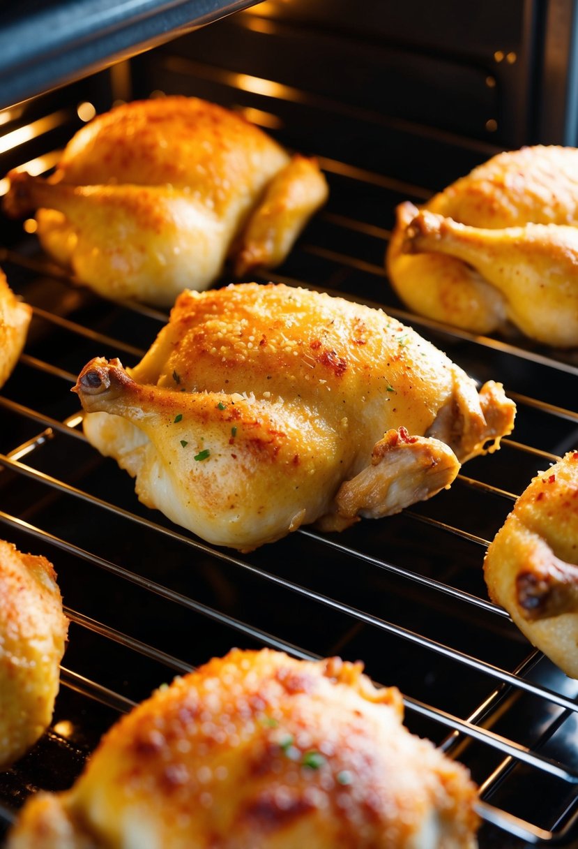 A golden-brown garlic parmesan chicken baking in the oven