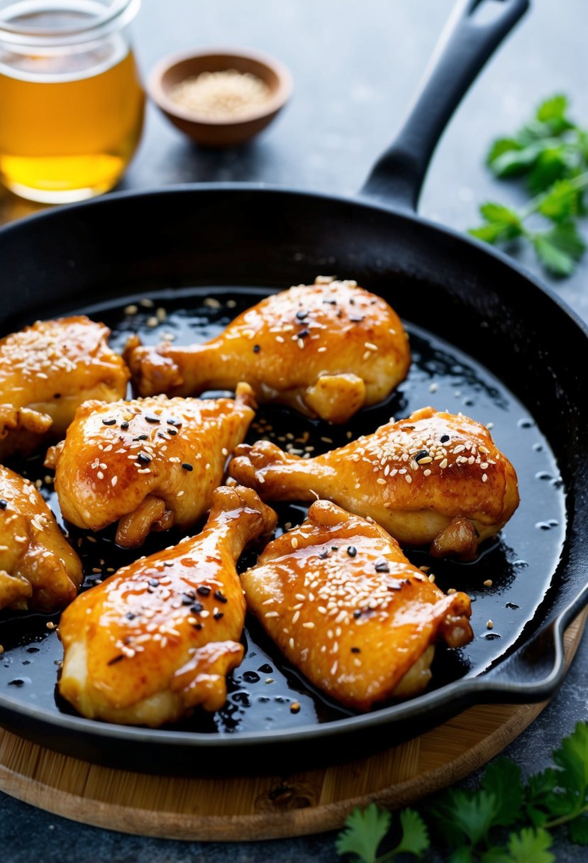 A sizzling skillet of golden-brown honey garlic chicken, with a glossy glaze and sprinkled with sesame seeds