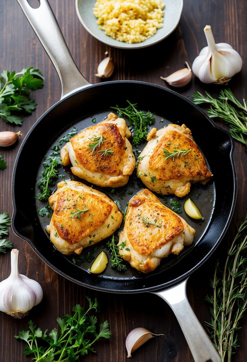 A sizzling skillet with golden-brown garlic chicken surrounded by fresh herbs and cloves of garlic