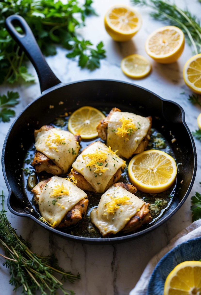 A sizzling skillet of garlicky chicken with lemon zest, surrounded by fresh herbs and vibrant citrus slices