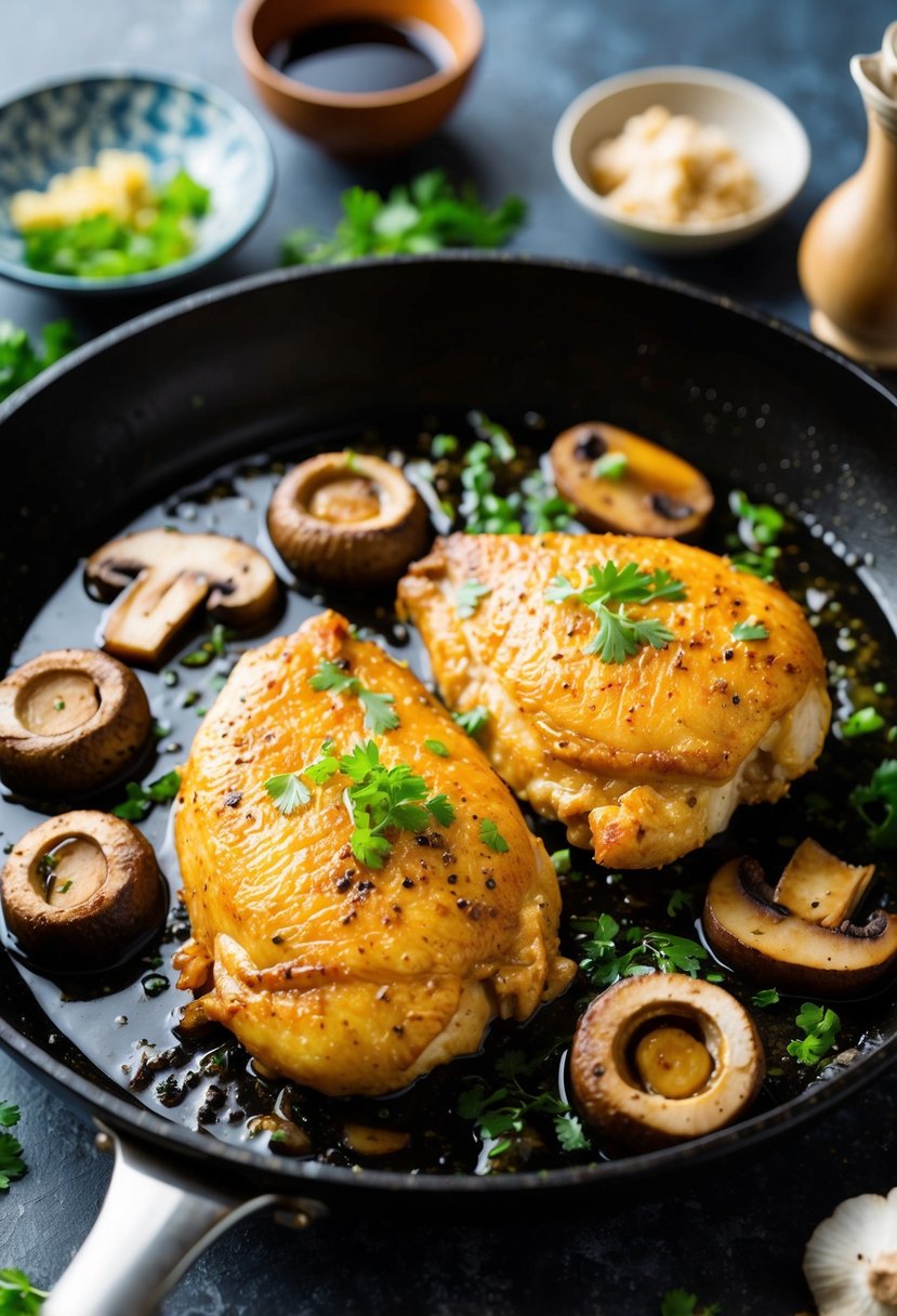 A sizzling skillet of garlic chicken, surrounded by vibrant umami-rich ingredients like mushrooms, soy sauce, and miso paste