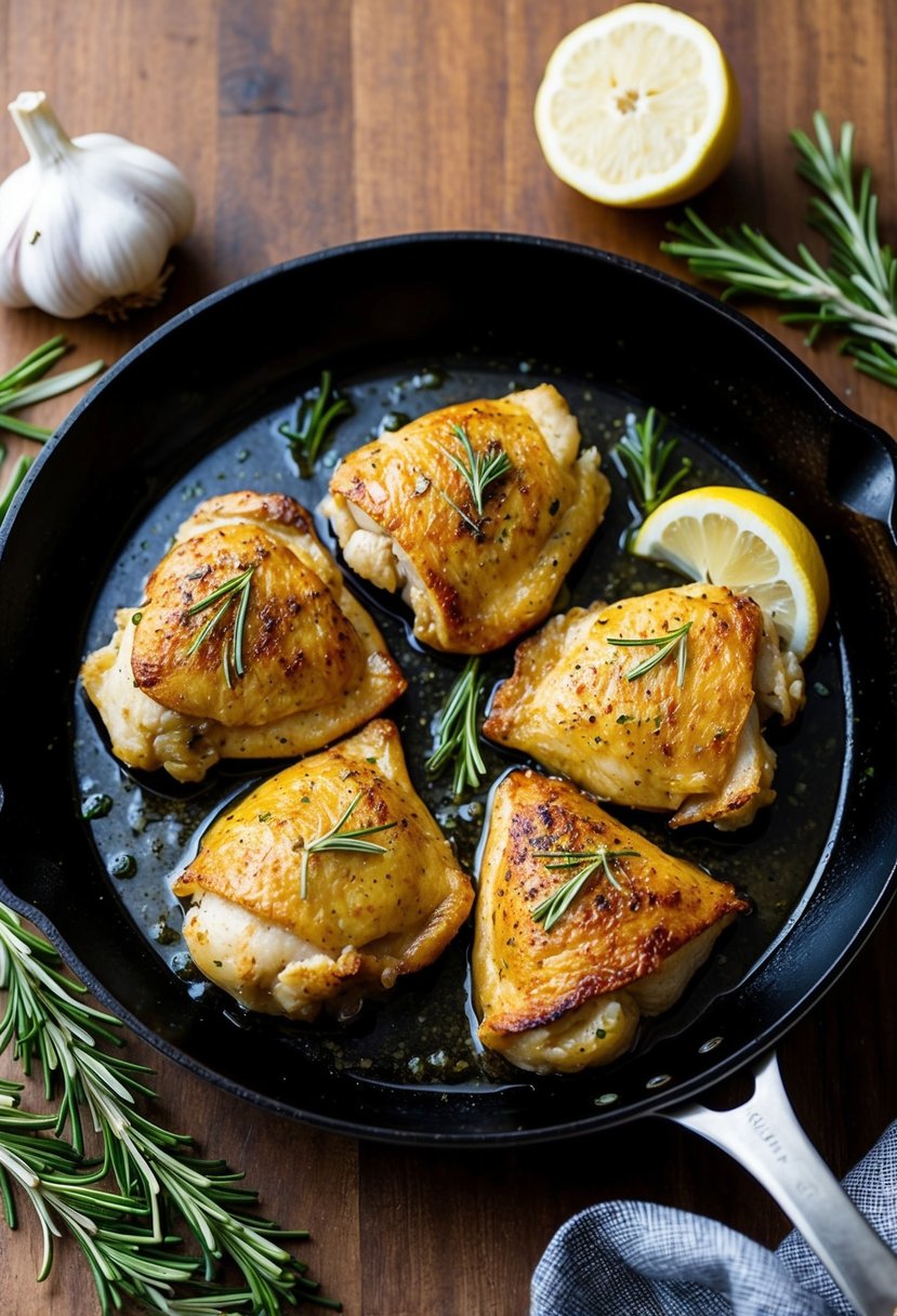 A sizzling skillet with golden-brown garlic chicken, surrounded by fresh garlic bulbs, rosemary sprigs, and a lemon wedge