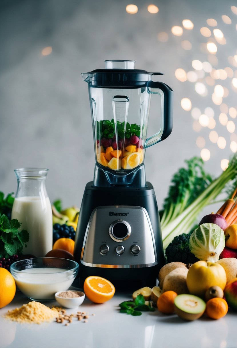 A blender surrounded by various ingredients such as fruits, vegetables, protein powder, and milk or water