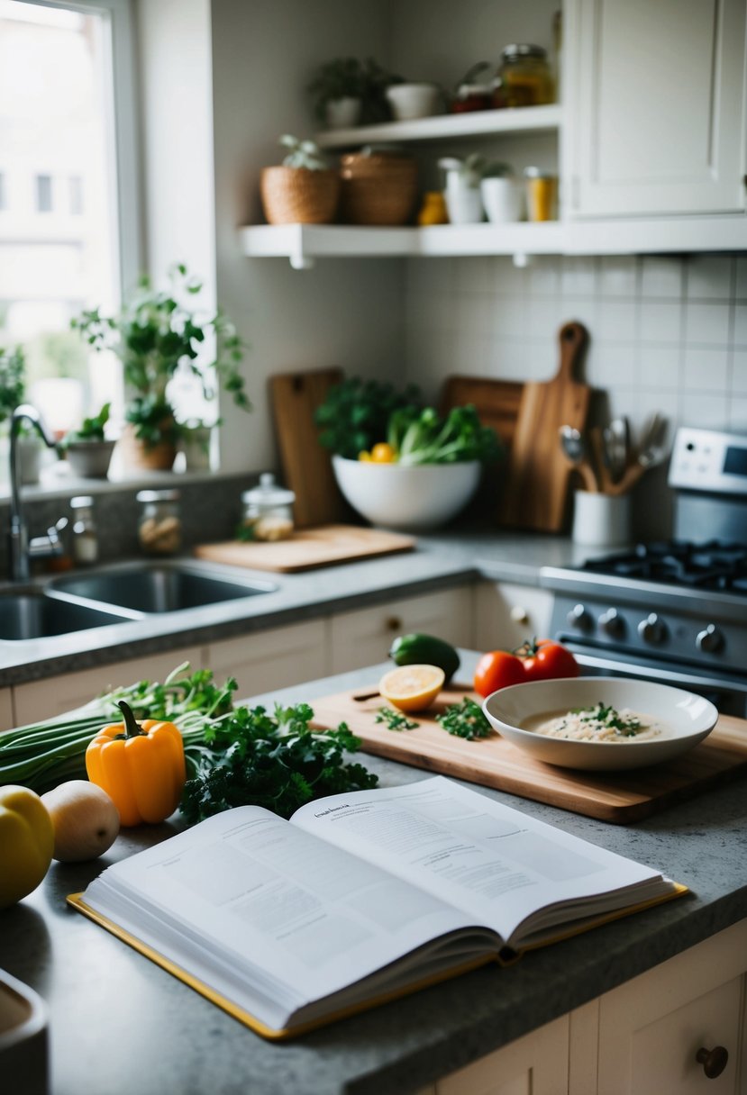 A cluttered kitchen counter with fresh ingredients, a cutting board, and a recipe book open to a simple dish