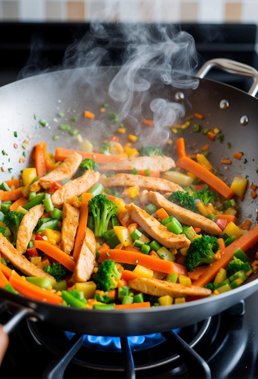 A sizzling wok filled with colorful vegetables and strips of chicken, steam rising as the ingredients are tossed together