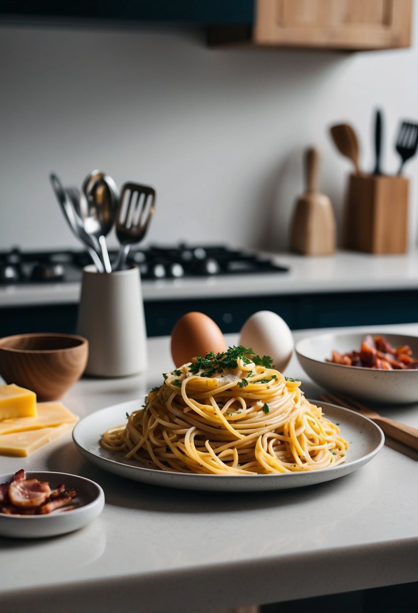 A kitchen counter with ingredients (spaghetti, eggs, bacon, cheese) and utensils for making spaghetti carbonara