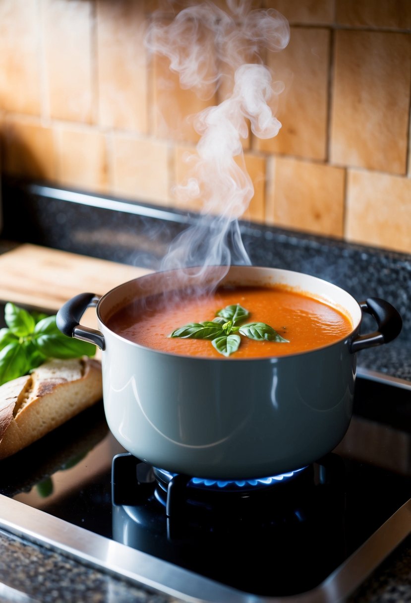 A pot of creamy tomato soup simmers on a stovetop, steam rising. A sprinkle of fresh basil leaves rests on the countertop beside a loaf of crusty bread