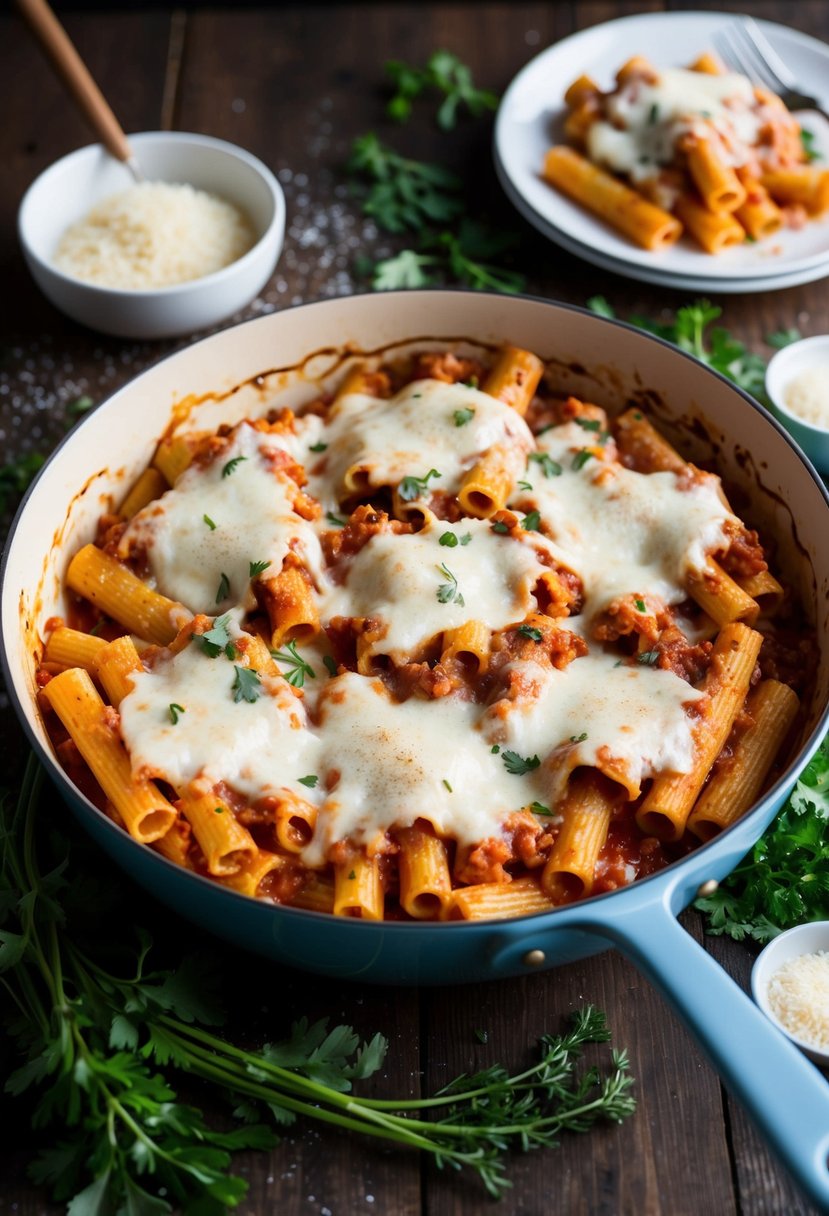 A bubbling pan of baked ziti with melted mozzarella cheese on top, surrounded by fresh herbs and a sprinkle of parmesan