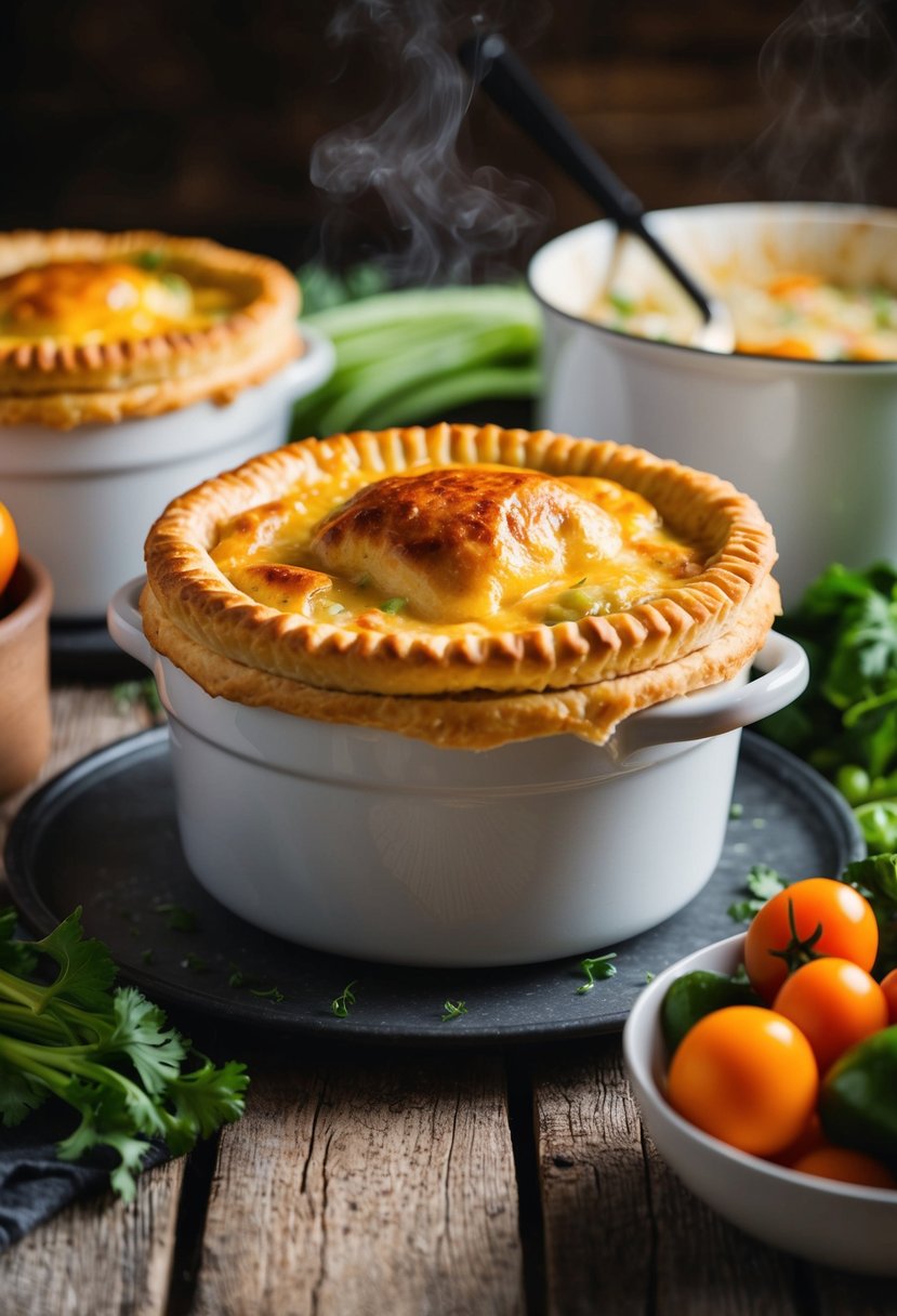 A steaming chicken pot pie, golden crust topped with flaky pastry, sits on a rustic wooden table surrounded by fresh vegetables and a bubbling pot