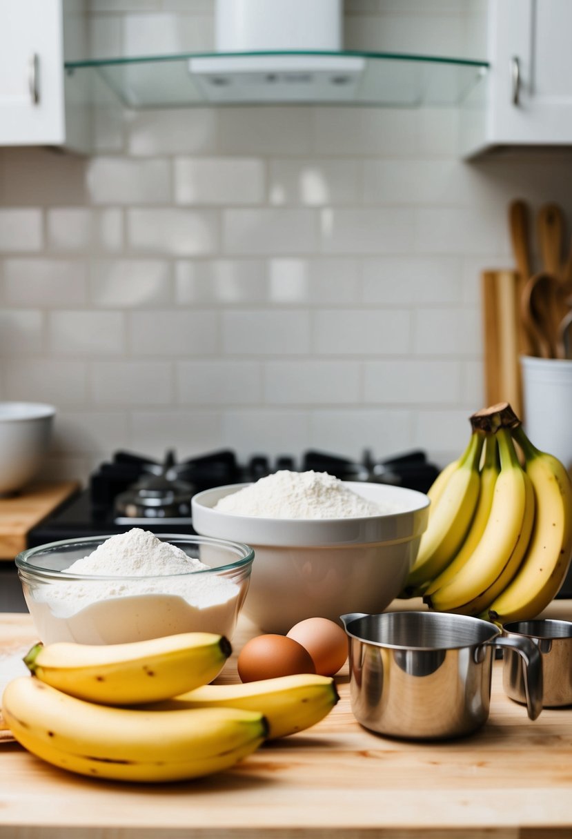 A kitchen counter with ingredients (bananas, flour, eggs) and utensils (mixing bowl, measuring cups) for making banana bread