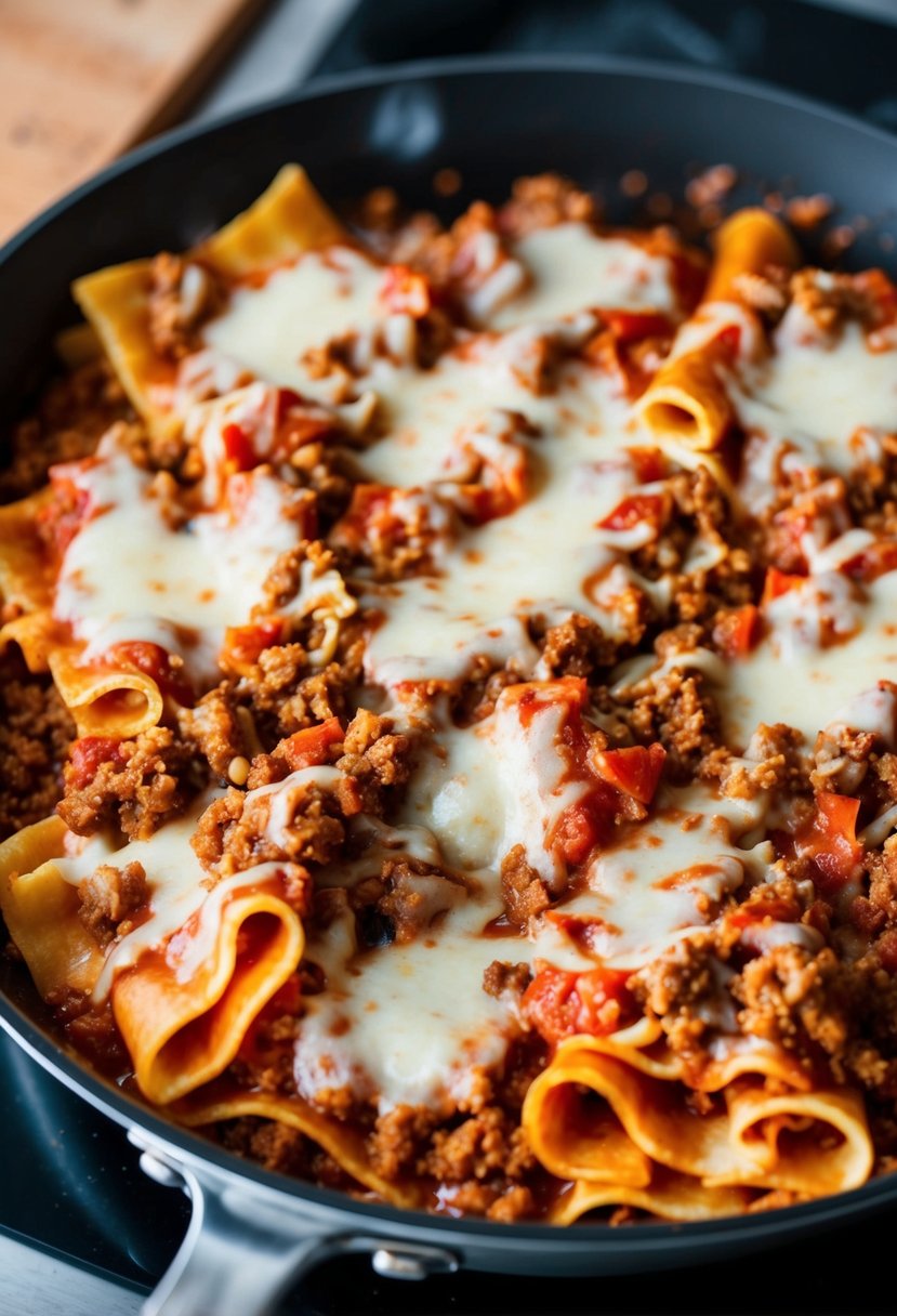 A skillet filled with layers of lasagna noodles, tomato sauce, cheese, and ground meat, bubbling and sizzling on a stovetop