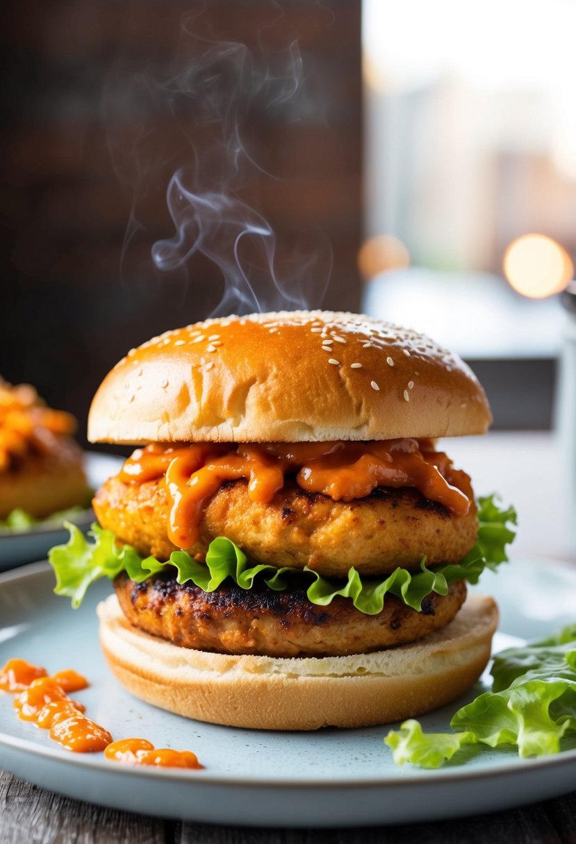 A sizzling chicken burger topped with spicy gochujang sauce and fresh lettuce on a toasted sesame seed bun