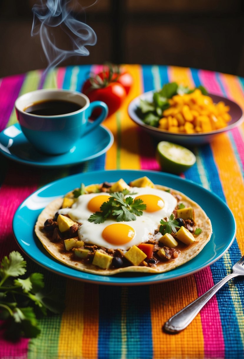 A plate of huevos rancheros sits on a colorful table, surrounded by fresh ingredients and a steaming cup of coffee