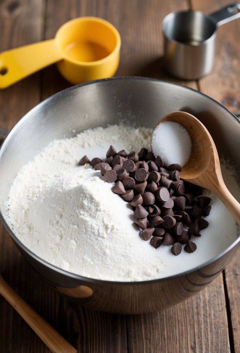 A mixing bowl with flour, sugar, and chocolate chips. A wooden spoon and measuring cups sit nearby