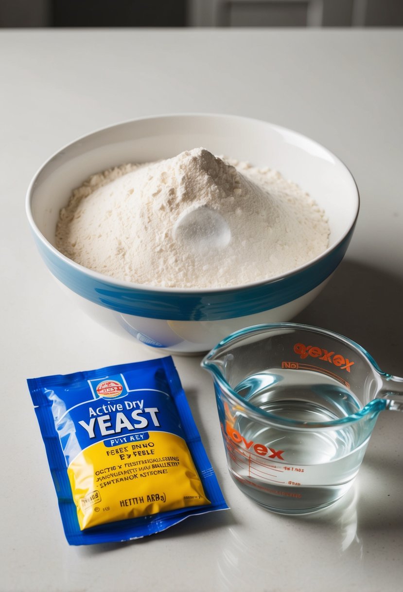 A bowl of flour, a packet of active dry yeast, and a measuring cup of warm water on a clean kitchen counter