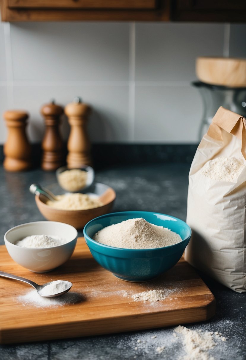 A rustic kitchen counter with a wooden cutting board, a bowl of active dry yeast, a bag of flour, and a mixing spoon