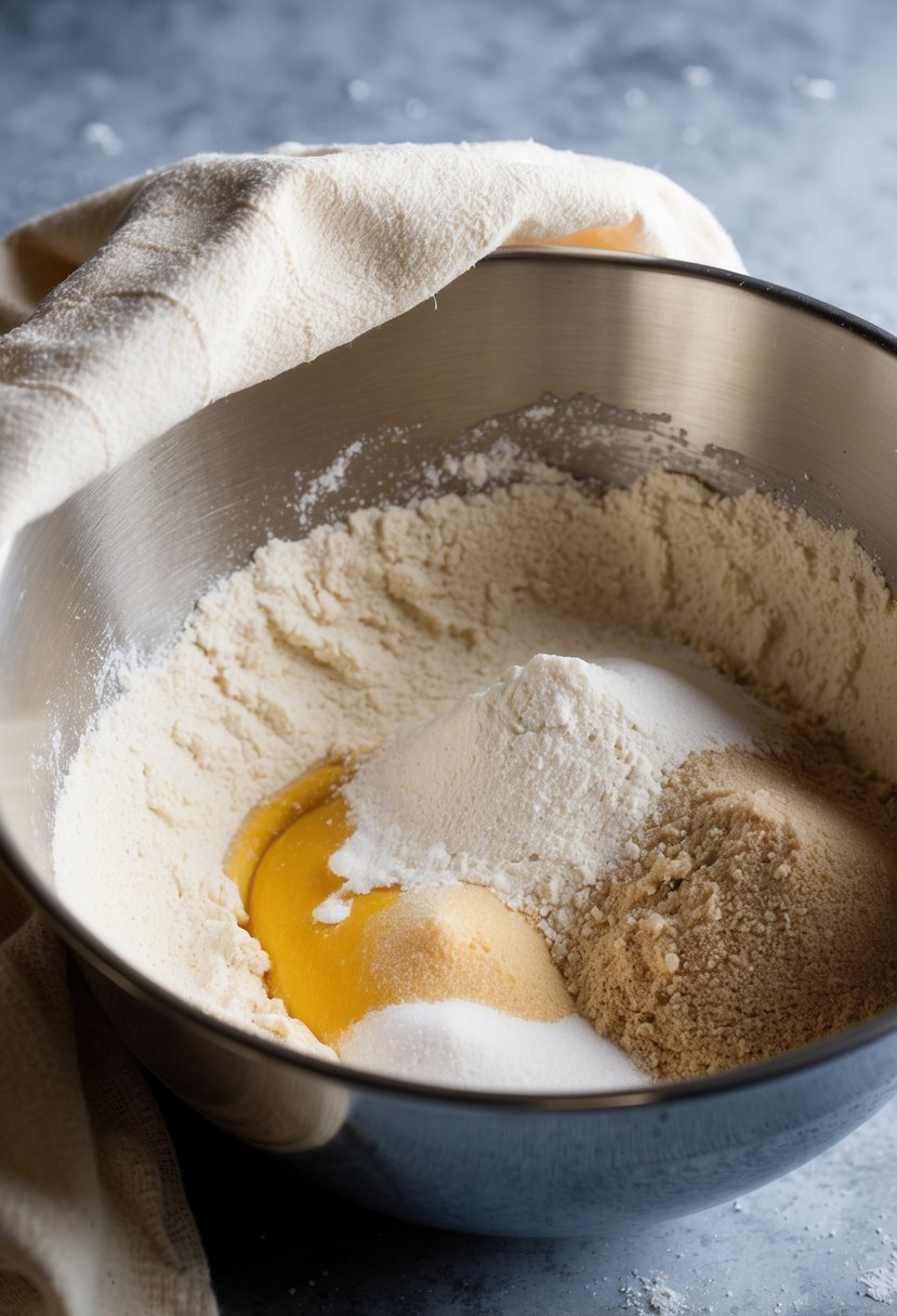 A mixing bowl filled with flour, sugar, and yeast. A warm, moist towel covers the bowl as the dough rises