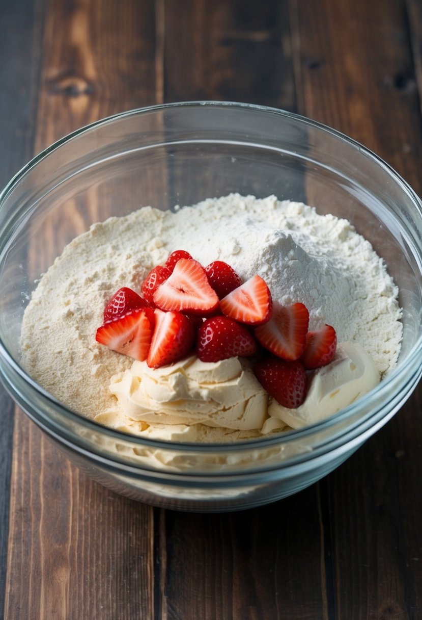 A mixing bowl filled with active dry yeast, flour, and strawberry cream cheese filling, ready to be combined for a delicious king cake recipe