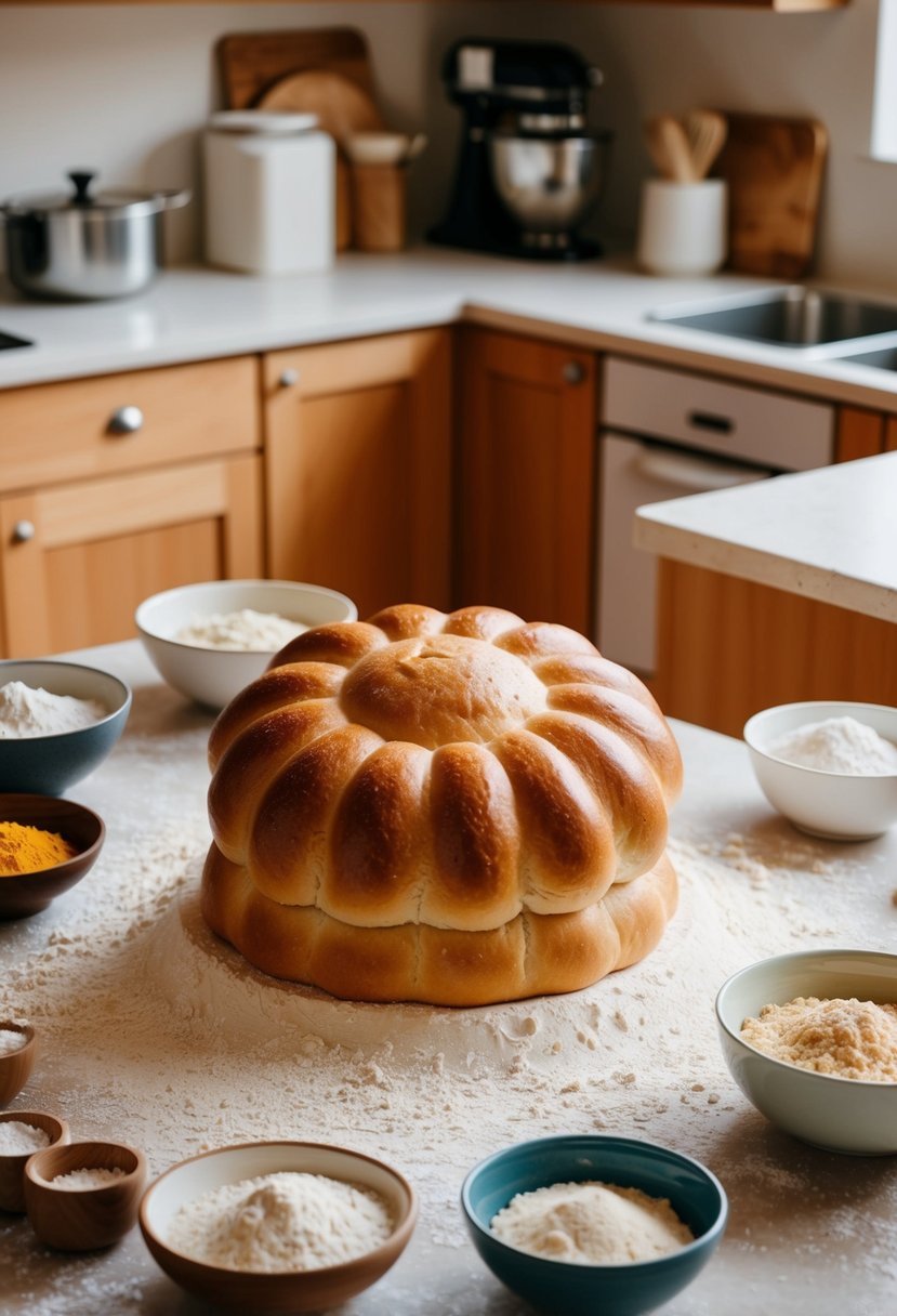 A warm kitchen with a golden loaf of sun-shaped bread rising on a floured surface, surrounded by bowls of yeast, flour, and savory ingredients