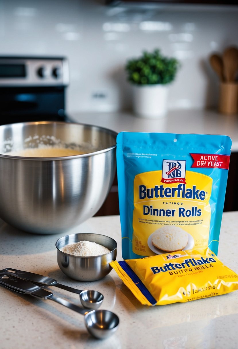 A kitchen counter with a mixing bowl, measuring spoons, and a packet of active dry yeast next to a recipe for butterflake dinner rolls