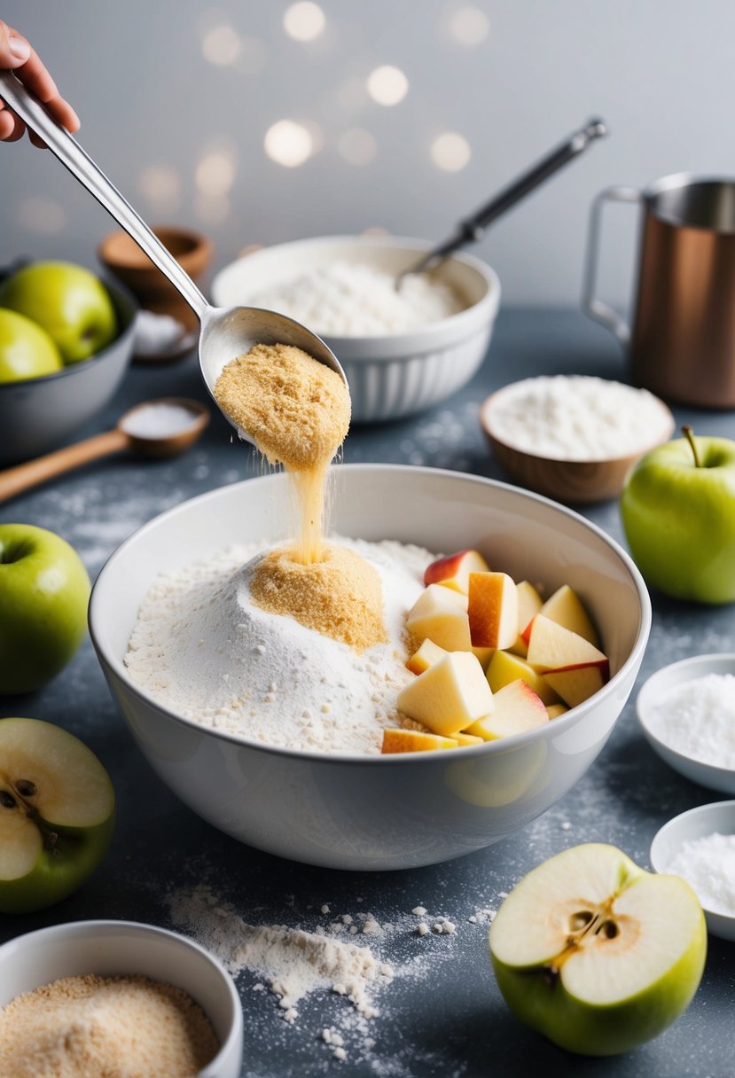 A bowl of active dry yeast being mixed with flour, sugar, and apple chunks, surrounded by kitchen utensils and ingredients