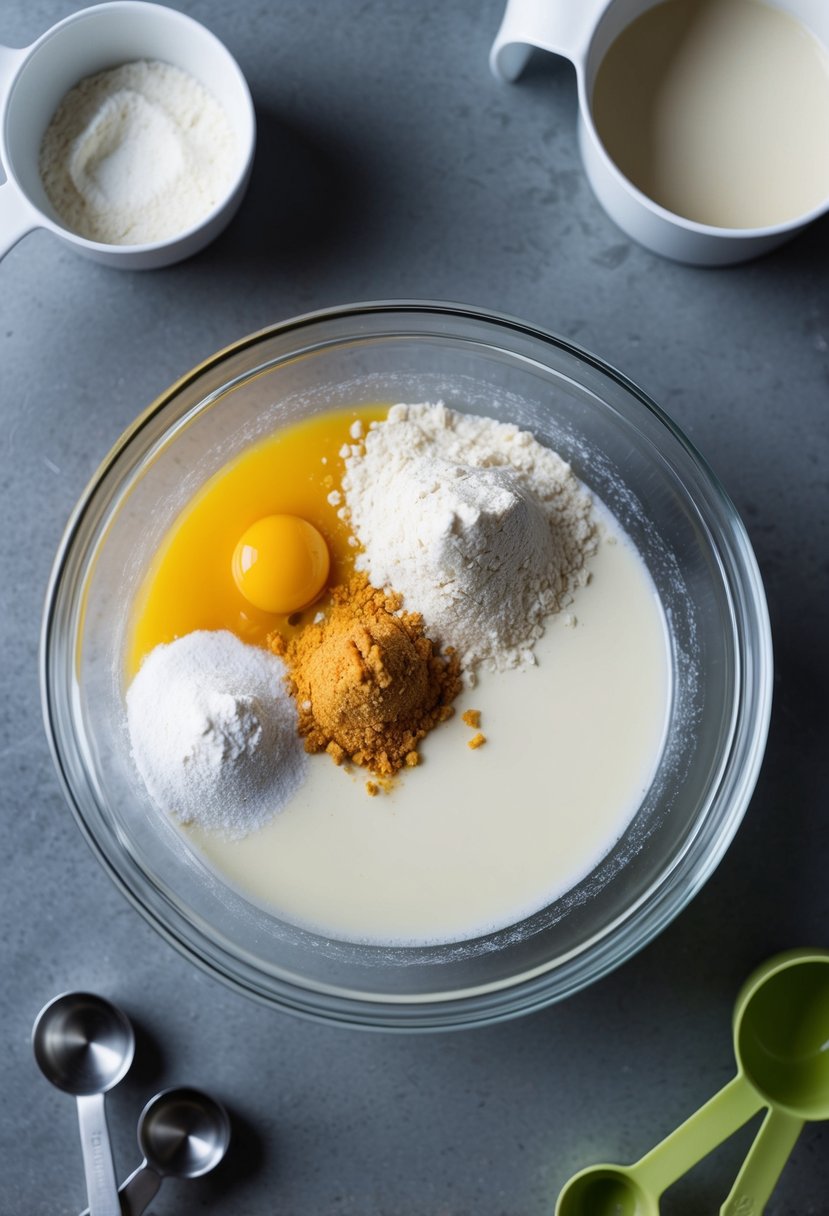 A mixing bowl with ingredients for vegan yeast waffles, including active dry yeast, flour, and plant-based milk, surrounded by measuring cups and spoons