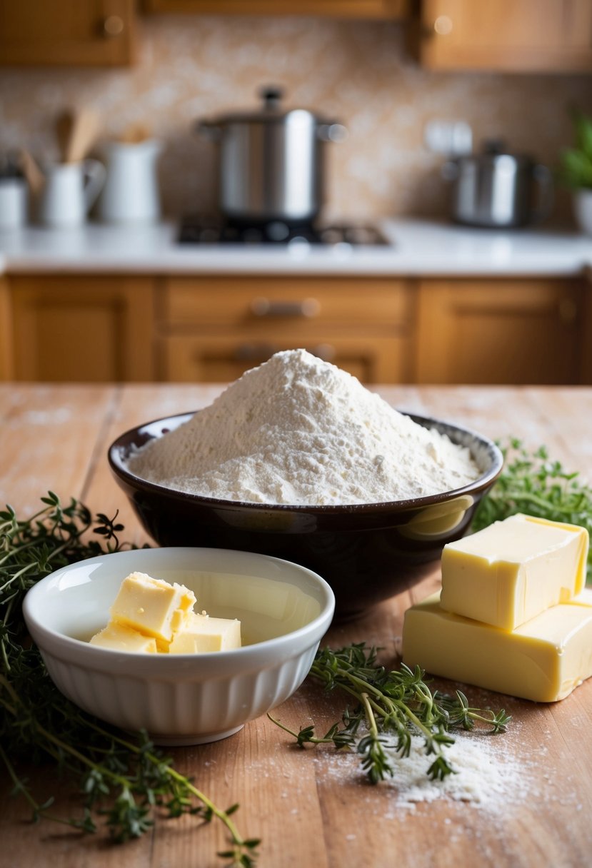 A bowl of flour, yeast, and butter sits on a wooden table, surrounded by sprigs of fresh thyme. A warm, cozy kitchen fills the background