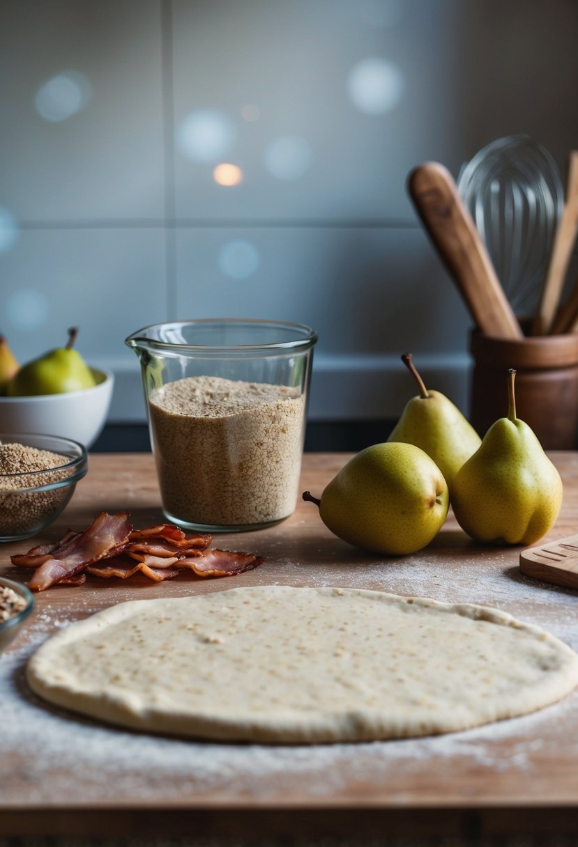 A rustic kitchen counter with ingredients: quinoa, bacon, pears, and active dry yeast. A pizza dough is being kneaded