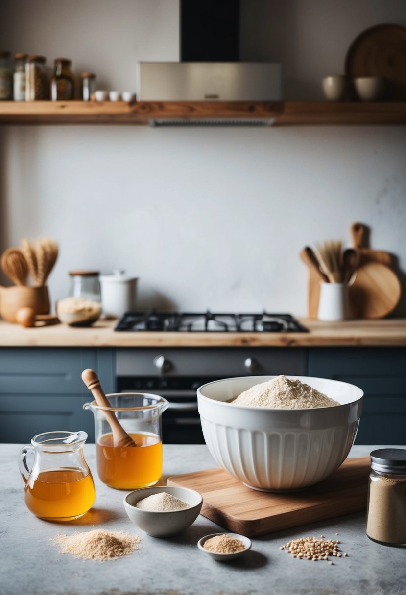 A rustic kitchen counter with ingredients and a mixing bowl for making honey whole wheat loaf with active dry yeast