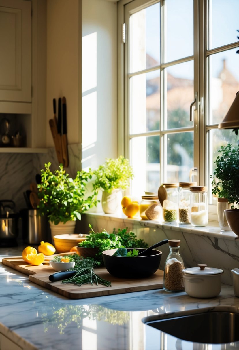 A cozy kitchen with a marble countertop, filled with fresh ingredients and cooking utensils. Sunlight streams in through the window, casting a warm glow on the scene