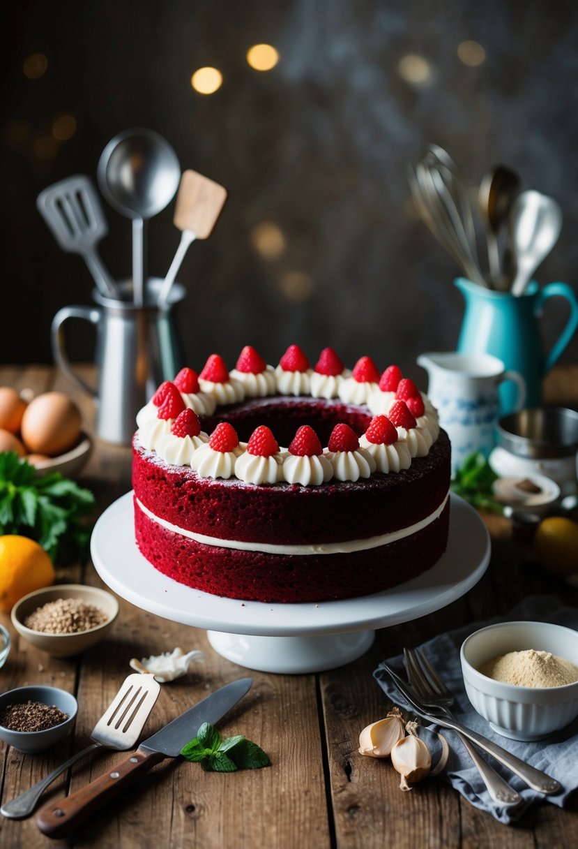 A red velvet cake surrounded by vintage kitchen utensils and fresh ingredients on a rustic wooden table