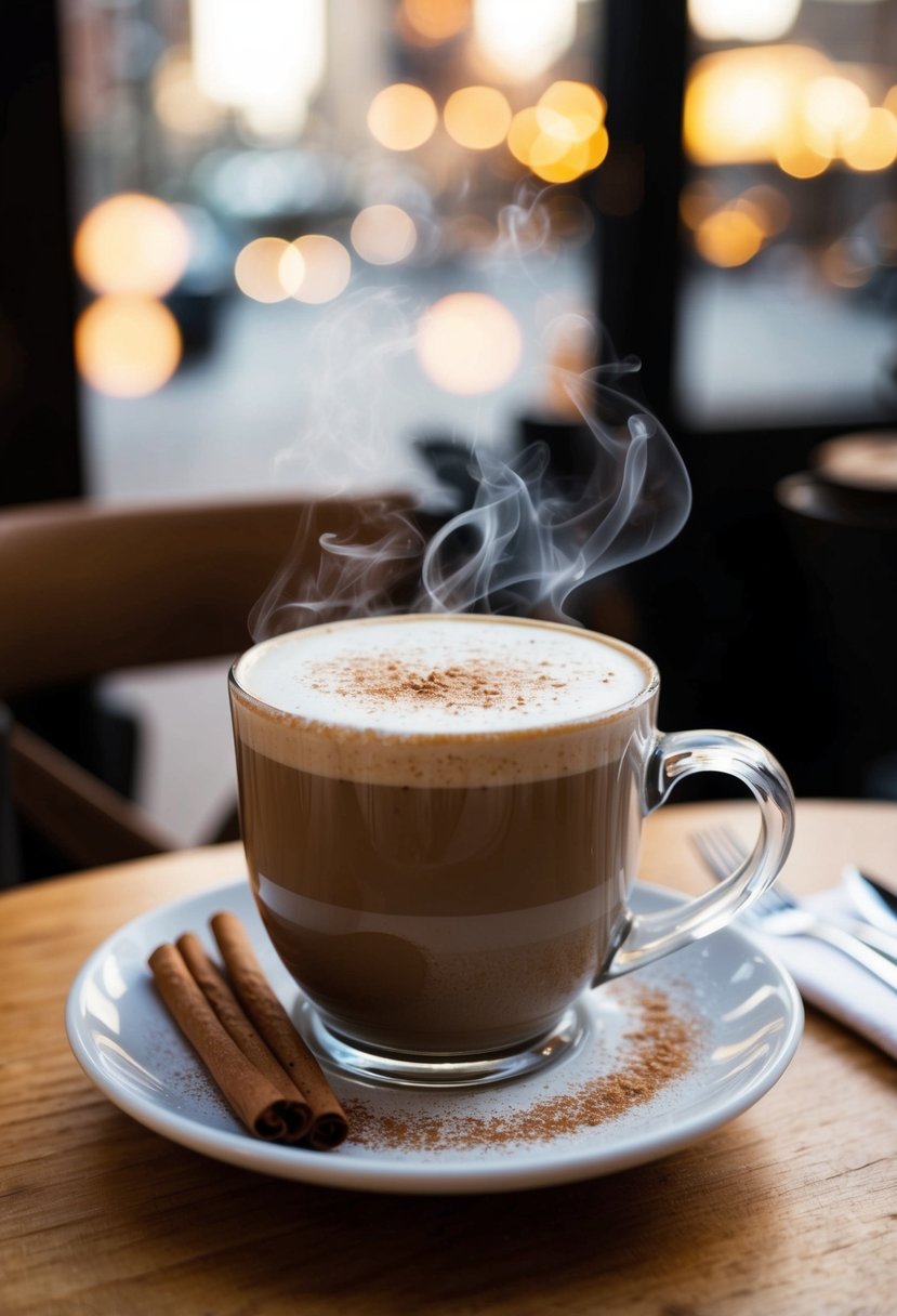 A cozy cafe table with a steaming mug of maple cinnamon latte surrounded by cinnamon sticks and a sprinkle of powdered sugar