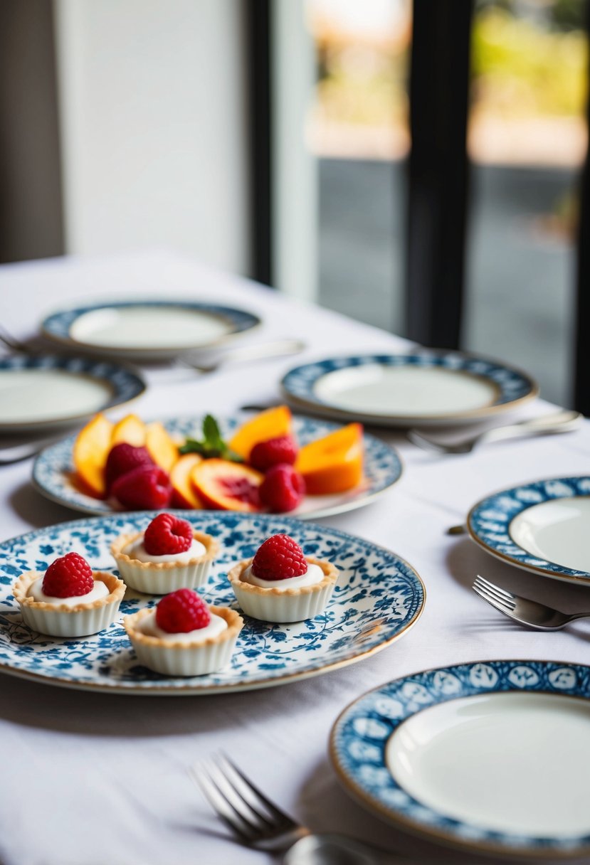 A table set with mini yogurt tarts, fresh fruit, and decorative plates