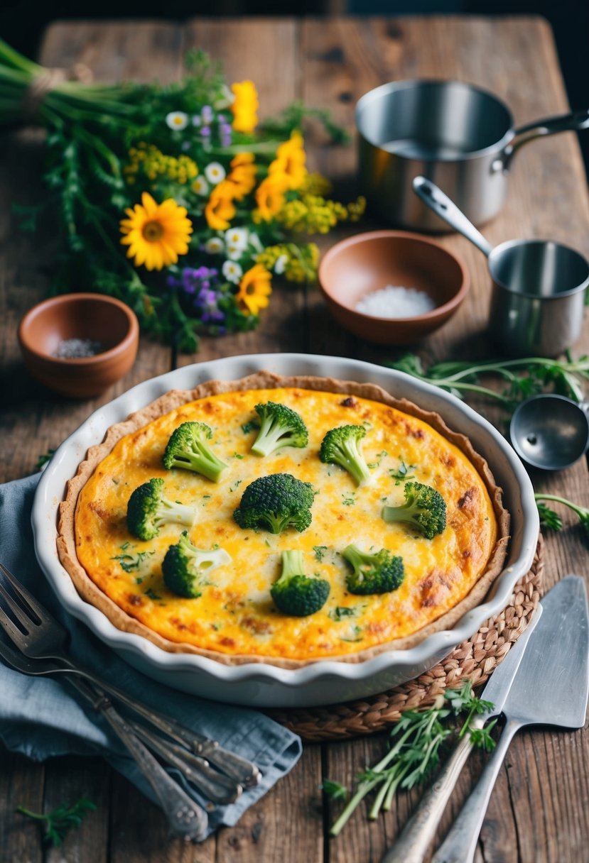 A rustic wooden table set with a freshly baked broccoli cheddar quiche, surrounded by vintage cooking utensils and a bouquet of wildflowers