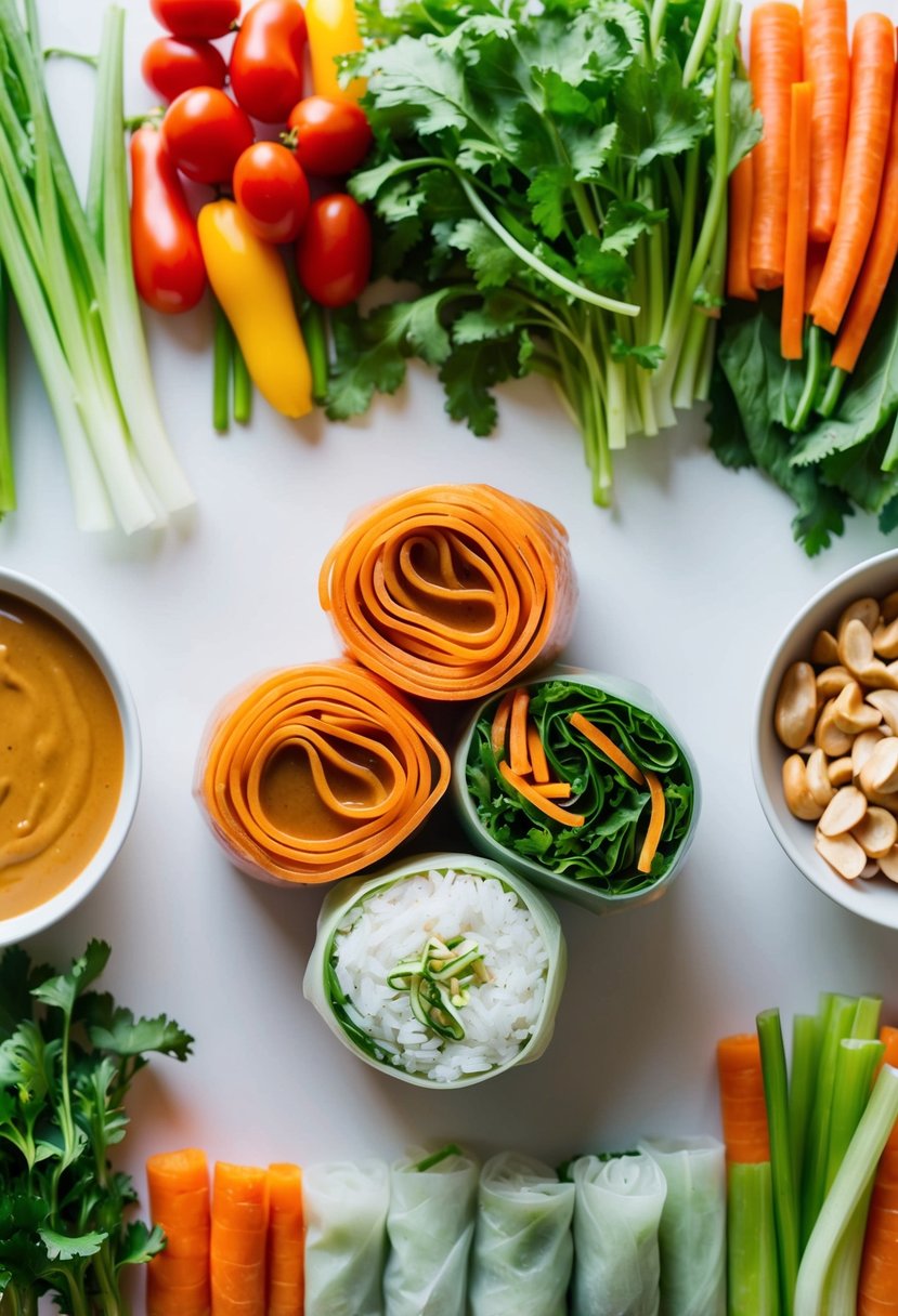 A colorful array of fresh vegetables, rice noodles, and peanut sauce arranged on a clean, white surface, ready to be wrapped into spring rolls