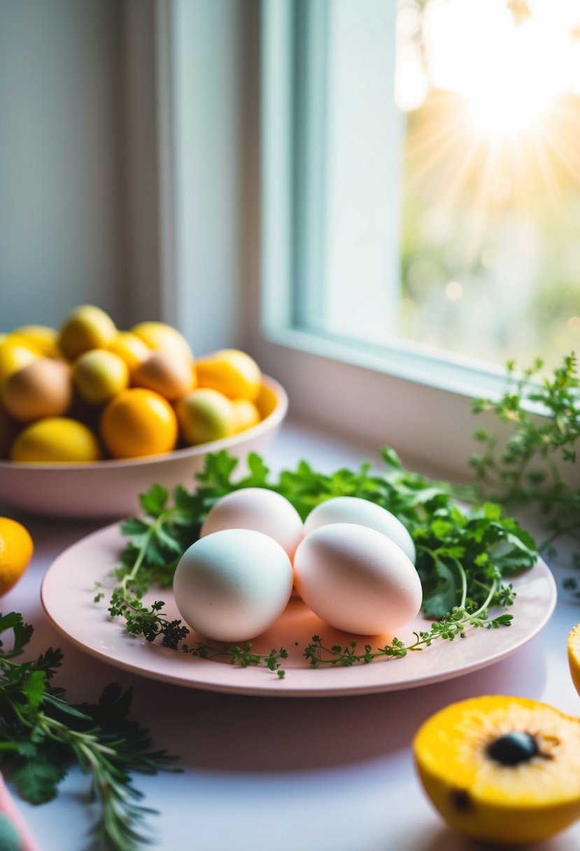 Fluffy cloud eggs on a pastel plate, surrounded by fresh herbs and colorful fruit. Sunlight streaming in through a window