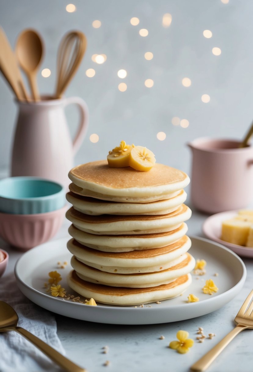 A stack of fluffy Japanese pancakes on a minimalist plate surrounded by pastel-colored ingredients and utensils