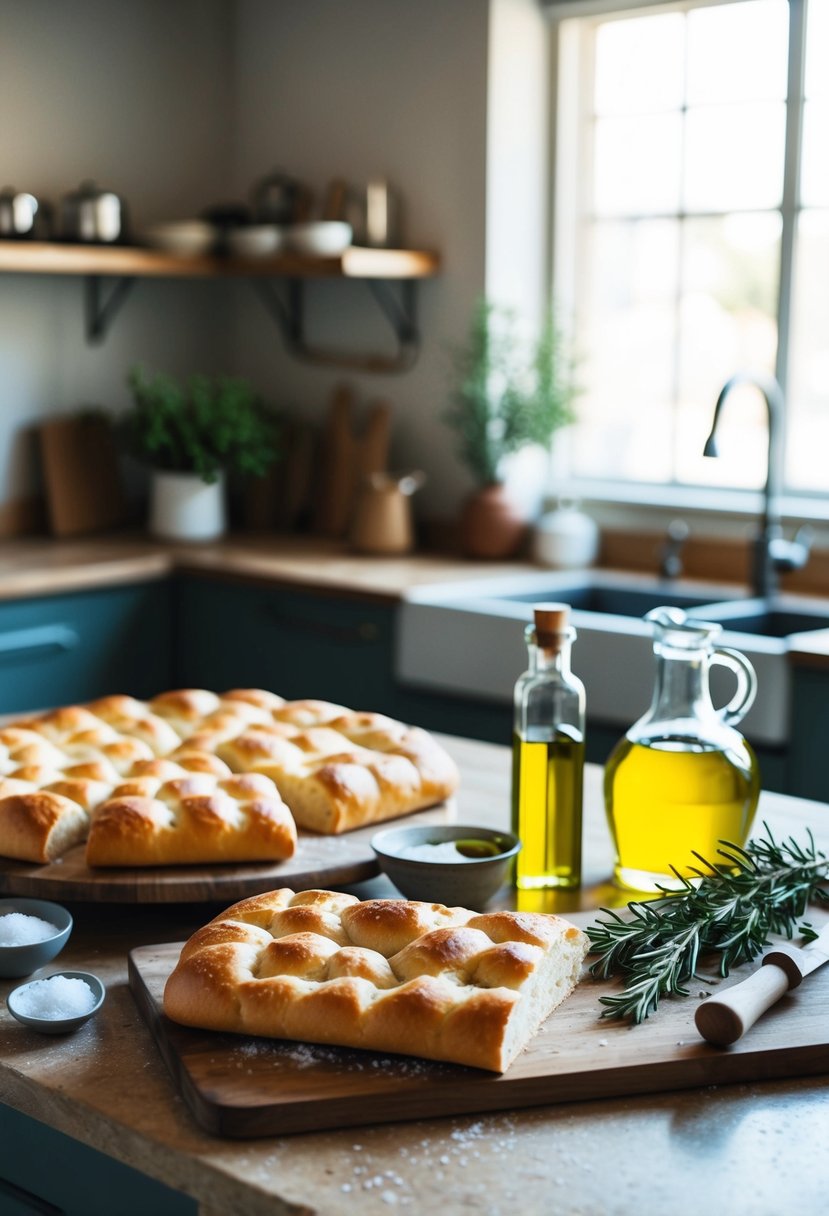 A rustic kitchen counter with freshly baked focaccia bread, surrounded by ingredients like olive oil, rosemary, and sea salt