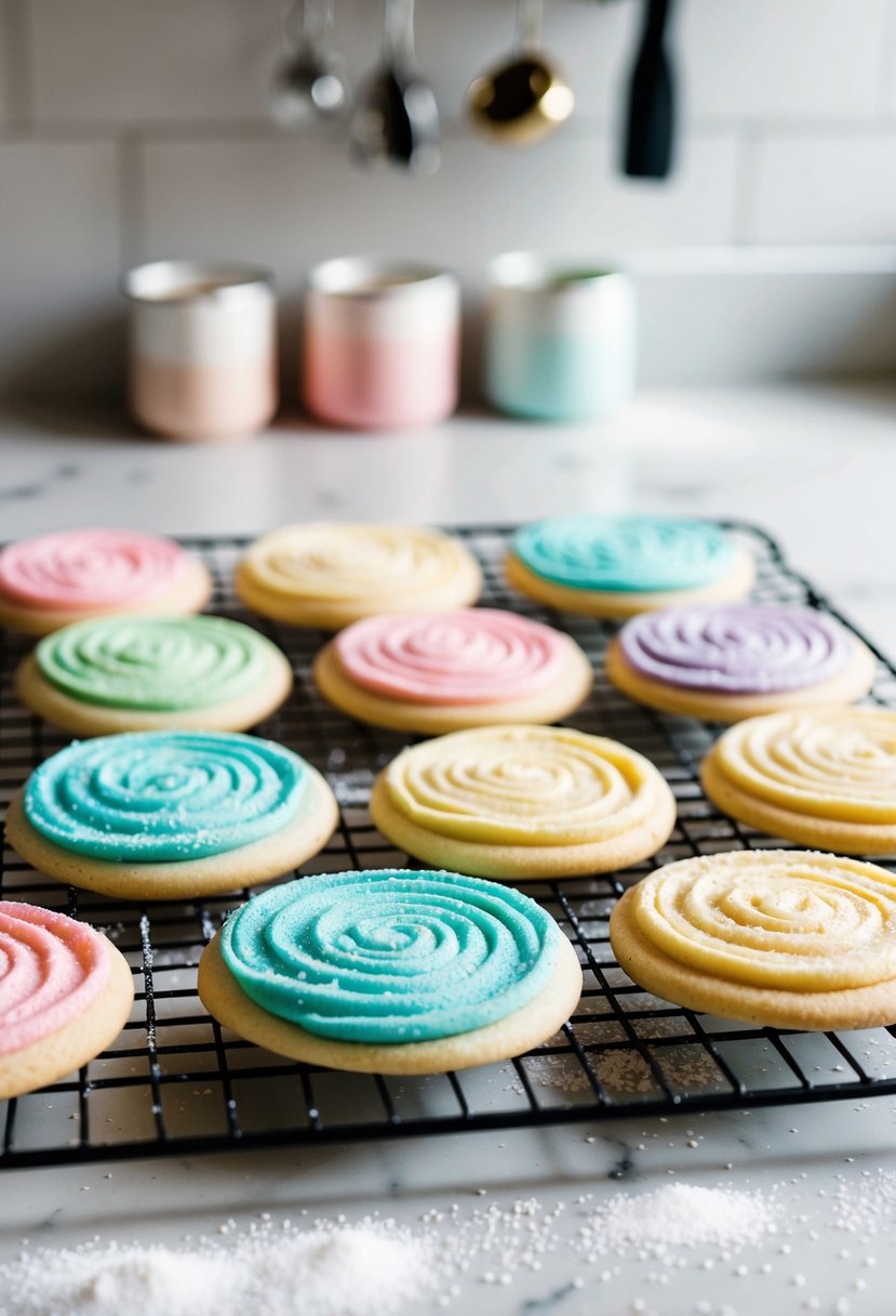 A kitchen counter with pastel-colored swirl cookies arranged on a cooling rack, surrounded by scattered sugar and sprinkles