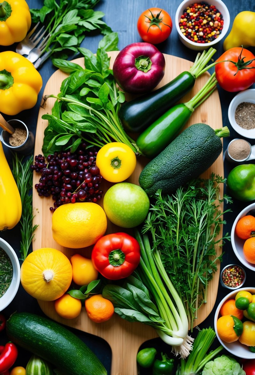 A colorful array of fresh fruits, vegetables, and herbs arranged on a wooden cutting board, surrounded by various cooking utensils and spices