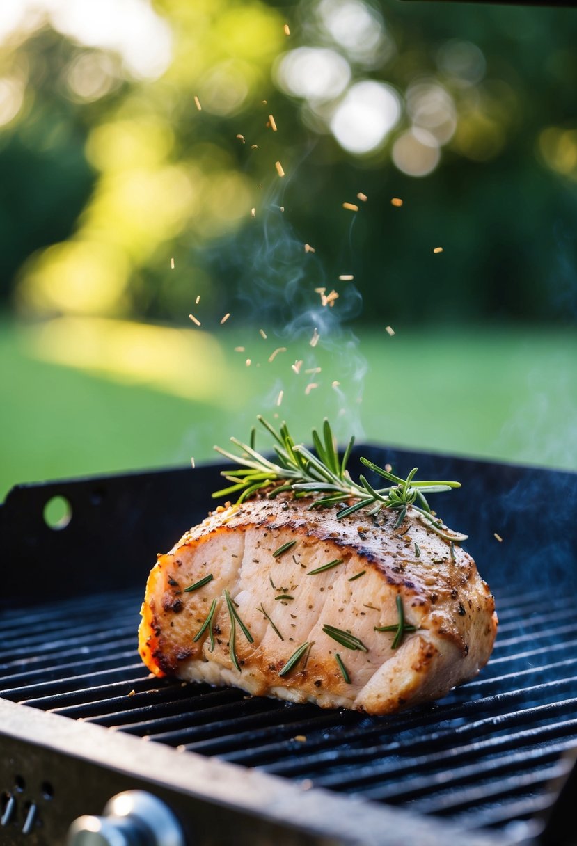 A succulent pork tenderloin, seasoned with fragrant rosemary, sizzling on a hot grill