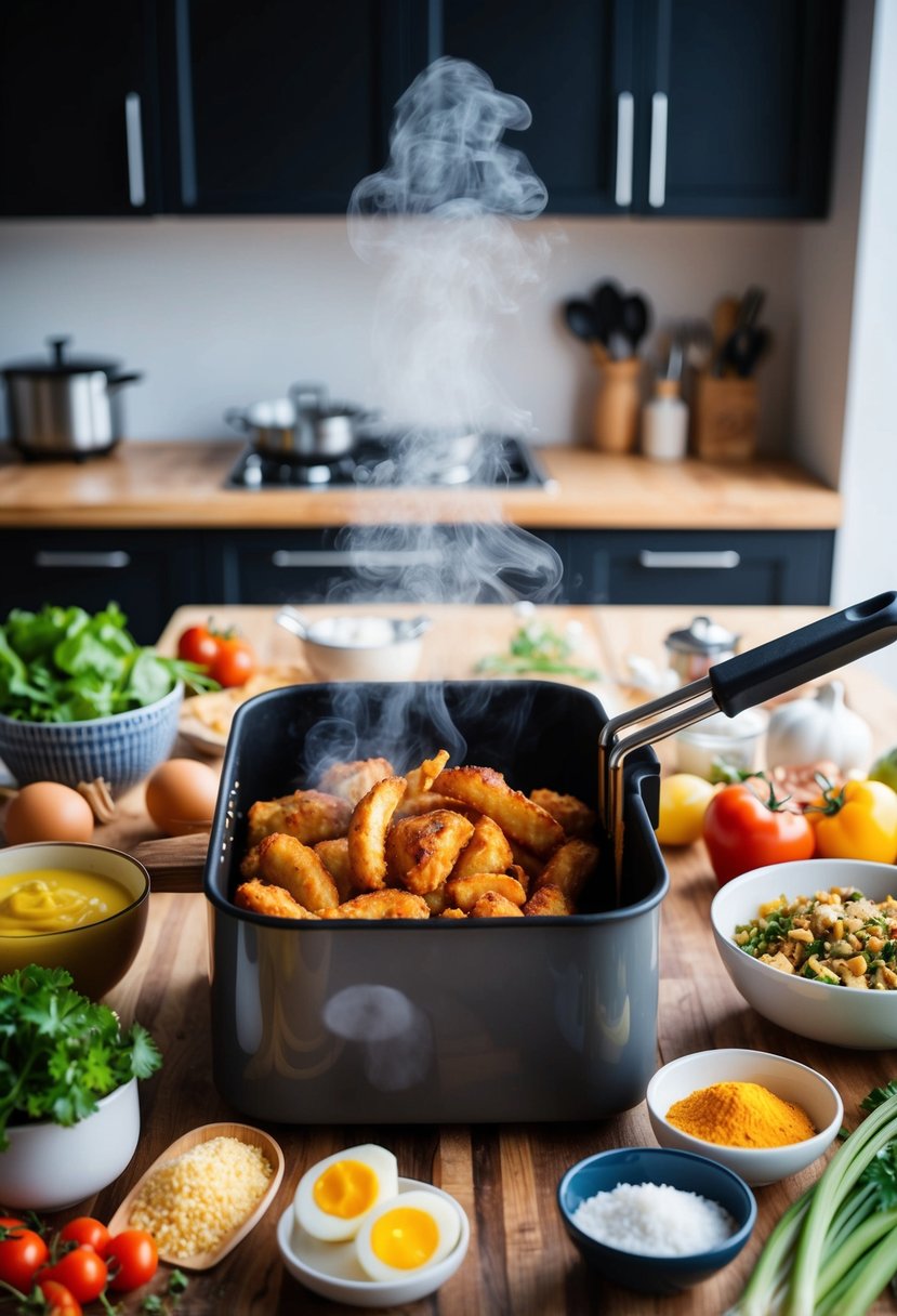 A variety of ingredients and kitchen utensils surround an open air fryer, with steam rising from the hot food inside