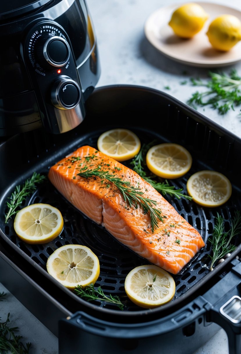 A salmon fillet sizzling in an air fryer, surrounded by fresh herbs and lemon slices